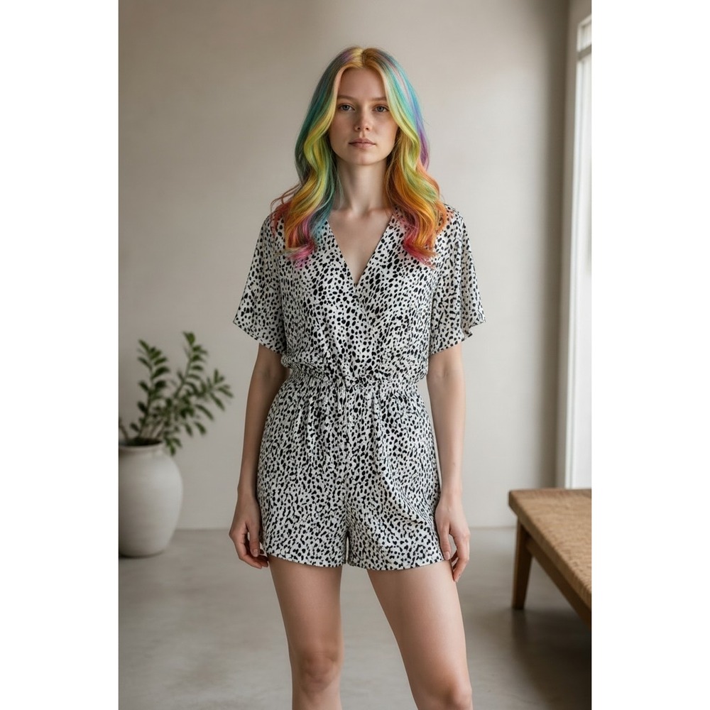 PRETTYGARDEN Womens Dalmatian Short Sleeve Romper White Black Size M - Picture 1 of 6